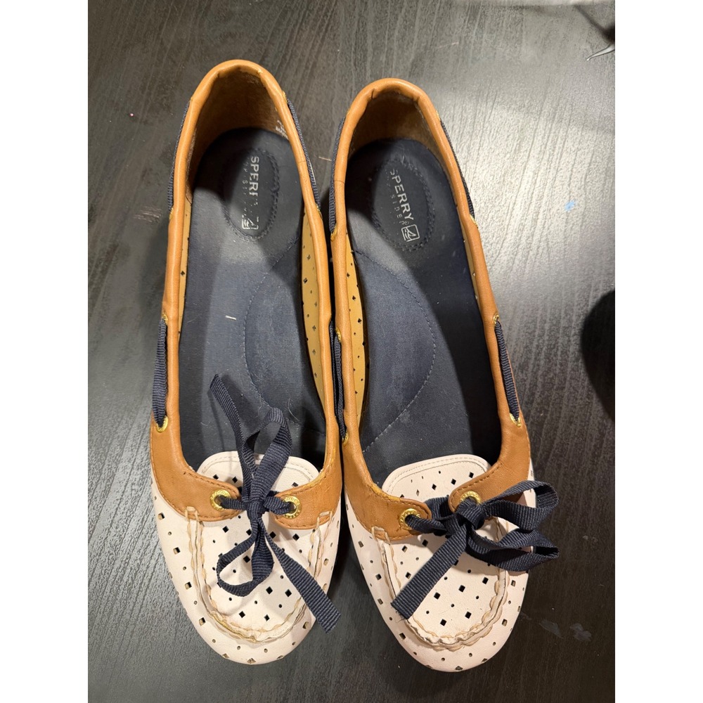 Sperry Top-Sider Women's Perforated Boat Shoe Ballet Flats White Tan Navy 9.5M
